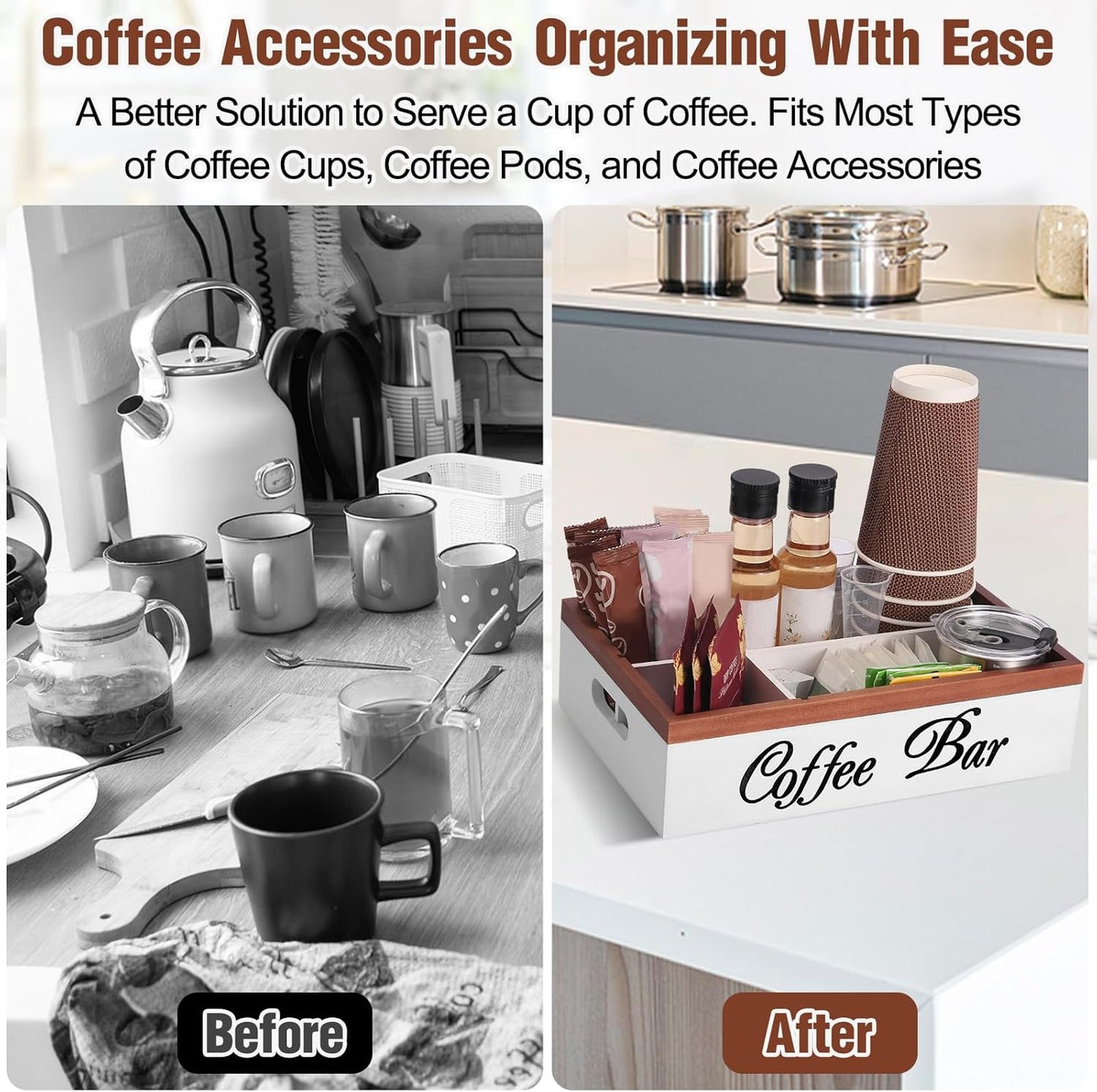 Wooden Coffee Organizer Holder with Divided Sections & Cutout Handle, Farmhouse Coffee Bar Organizer for Pods, Cups, Lids, Syrups, Stirrers & Accessories – Ideal Gift for Home or Office-White