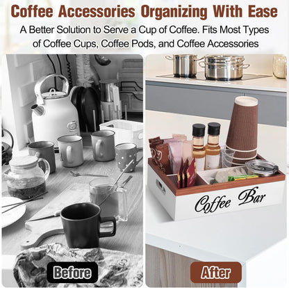 Wooden Coffee Organizer Holder with Divided Sections & Cutout Handle, Farmhouse Coffee Bar Organizer for Pods, Cups, Lids, Syrups, Stirrers & Accessories – Ideal Gift for Home or Office-White