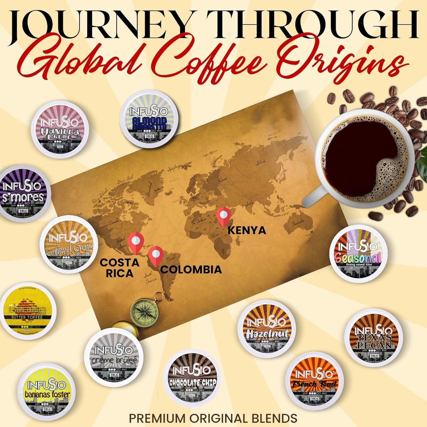 InfuSio Coffee Pods 96 Count - Bananas Foster Coffee, Medium Roast Flavored Single Serve Pods for Keurig K Cups Brewers - InfuSio Premium Roasted Keurig 2.0 Compatible