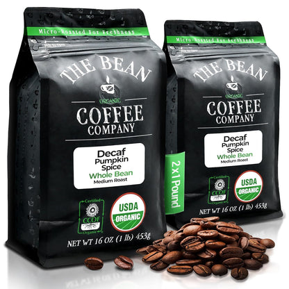 The Bean Organic Coffee Company Water Processed DECAF Pumpkin Spice, Medium Roast, Whole Bean Coffee, 16-Ounce Bags (Pack of 2)