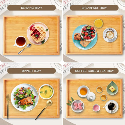 Wooden Serving Tray with Handles Bamboo Decorative Large Coffee Table Food Trays for Breakfast Dinner Restaurants Party or Home Decor Outdoor Scenarios 2 Packs