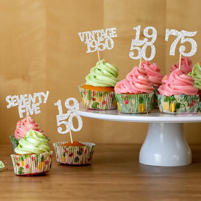 Gyufise 24Pcs 75th Birthday Cupcake Toppers Glitter Cheers to 75 Fabulous Seventy Five Vintage 1950 Cupcake Picks 75th Birthday Wedding Anniversary Party Cake Decorations Supplies Silver