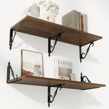 RICHFOCUS 12 Inch Deep Floating Shelves for Wall, 31.5" W x 12" D Wood Wall Shelves Set of 2, Wide Floating Shelves for Living Room, Bedroom, Kitchen, Bathroom and Decor Storage, Walnut