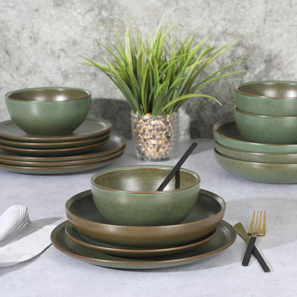 Gibson Elite Beckett Stoneware Matte Reactive Glaze 16 Piece (Service for 4) Plates and Bowls Dinnerware Set - Green