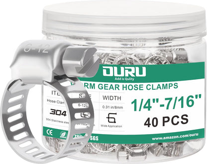 40PCS Hose Clamps Stainless Steel Adjustable 1/4"– 7/16"(6-12mm) Worm Gear Hose Clamp, Heavy Duty Metal Small Hose Clamps for Automotive, Pipe, Radiator Plumbing, Fuel Line