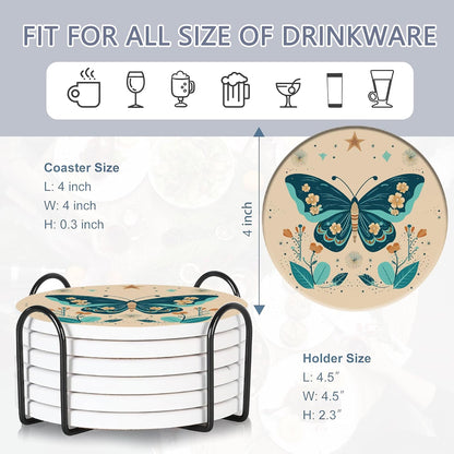 Coaster for Drinks Set of 6, Boho Butterfly Flower Absorbing Round Ceramic Stone Coaster with Cork Base,Tabletop Protection Mat for Mugs and Cups,Coffee Table Wine Glass Home Bar 4 Inch