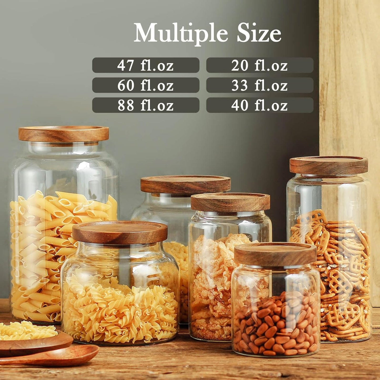 Labina Glass Storage Container Airtight Food Jars Kitchen Canister with Wood Lids, 88 Oz Wide Mouth Pantry Organization Glass Jar for Flour, Sugar, Cookie, Spagetti, Nuts and Candy