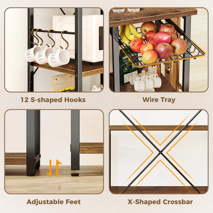 SUPERJARE Large Bakers Rack with Power Outlets, 6-Tier Microwave Stand, Coffee Bar with 12 S-Shaped Hooks, Kitchen Shelf with Wire Basket, 39.3 x 15.5 x 66.9 Inches, Rustic Brown