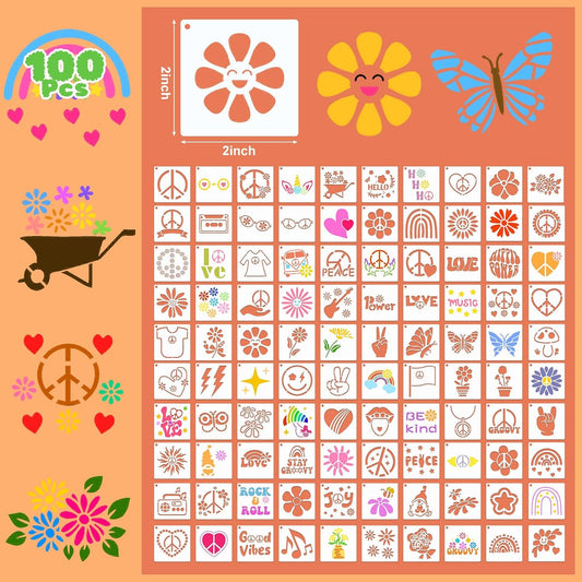 Fainne 100 Pcs Stencils for Painting on Wood Reusable Stencil Crafts Drawing Templates Holiday Wall Paper for DIY Scrapbook Home 2 x 2 Inch (Groovy Party)