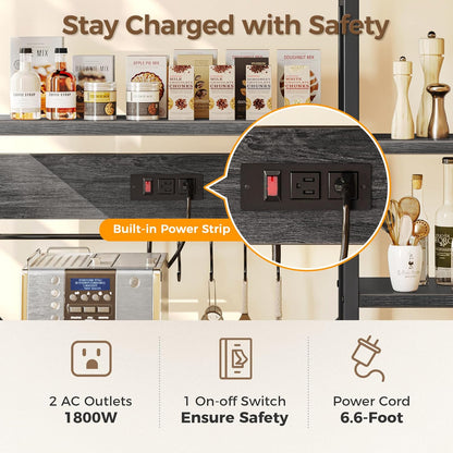 SUPERJARE Large Bakers Rack with Power Outlets, 6-Tier Microwave Stand, Coffee Bar with 12 S-Shaped Hooks, Kitchen Shelf with Wire Basket, 39.3 x 15.5 x 66.9 Inches, Charcoal Gray