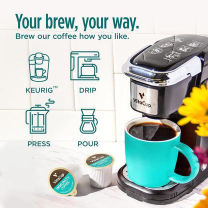 VitaCup Immunity Coffee Pods, Wellness Boost with Antioxidants, Echinacea, Probiotics, Vitamin C & D3, Medium Dark Roast, Recyclable Single Serve Pod Compatible with Keurig K-Cup Brewers,32 Ct