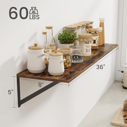 Heimlove Deep Floating Shelves for Wall, 36W x 8D Wood Wall Shelves Set of 2, Wide Floating Bookshelf for Living Room, Kitchen, Office, Bedroom and Decor Storage, with Metal Bracket - Rustic Brown