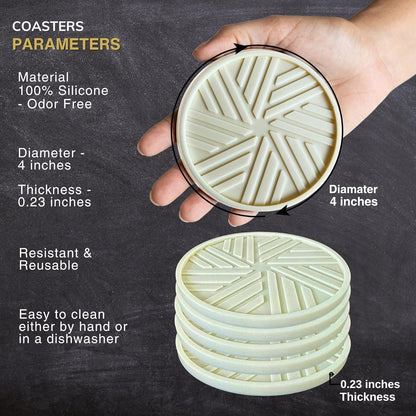Silicone Coasters for Drinks, Set of 6 with Gold Holder and Modern Elegant Pattern, Unique Protection for Coffee Table, Living Room Decor and Housewarming Gift