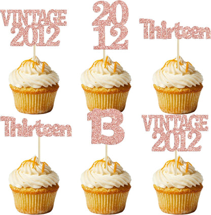 Gyufise 24Pcs 13th Birthday Cupcake Toppers Glitter Thirteen Vintage 2012 Hello 13 Years Birthday Cupcake Picks Official Teenager 13 Cake Decor for Happy 13th Anniversary Party Rose Gold