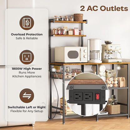 Huuger 39.4 Inch Bakers Rack with Power Outlets, Kitchen Microwave Stand with Storage, Coffee Bar with 4 Hooks, 3-Level Height Open Shelves, Retro Brown