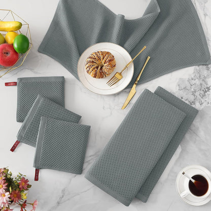 Kitinjoy 100% Cotton Waffle Weave Kitchen Towels (13 X 28 Inches, Grey), 4-Pack Super Soft and Absorbent Dish Towel for Drying Dishes, Kitchen Hand Towels