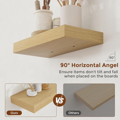 Heimlove 16 Inch Floating Shelves for Wall Oak Shelves Set of 2,Wall Mounted Rustic Wood 8 Inch Deep Floating Shelf with Invisible Brackets for Bedroom Kitchen Living Room