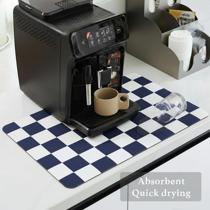 Checkered Dish Drying Mat for Kitchen Counter, Coffee Bar Station Accessories, Retro Cute Aesthetic Modern Absorbent Drainer Mat Kitchen Drying Mat Easy Clean (Navy Blue, 19" x 12")