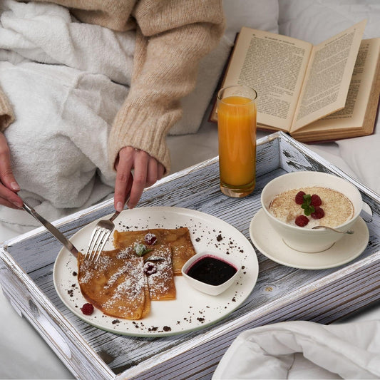 Flexzion Rustic Wooden Serving Tray with Handle - 3-Piece Set of Wooden Trays for Ottomans, Torched Whitewash Nesting Trays for Eating, Decoration, Coffee, Stackable Rectangular Breakfast Trays