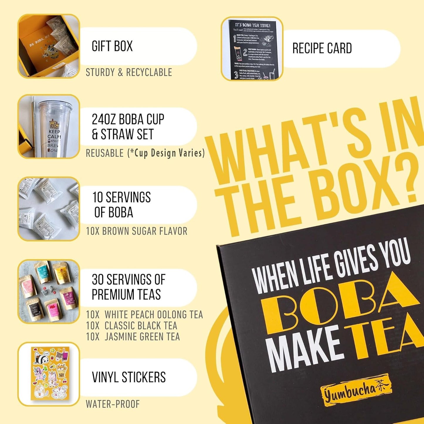 YUMBUCHA Instant Boba Making Kit - A Complete Set for Boba Tea Lovers - 30 Drinks, Reusable Cup & Straw, Tapioca Pearls, and Loose Leaf Teabags - White Peach Oolong, Jasmine Green, Classic Black