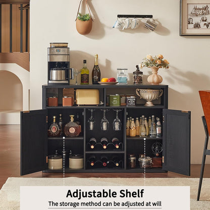 Lerliuo 47.2" Rattan Wine & Liquor Cabinet with 2 Doors, Boho Farmhouse Coffee Bar Station, Built-in Wine Racks & Storage, Adjustable Shelves for Living Room, Dining Room, Kitchen, Black