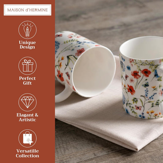 Maison d' Hermine Coffee Mug with Handles Fine Bone China Mugs Pack of Two Tea Cups for Hot Beverages Cappuccino Latte Home Restaurant Office Perfect for Gift (Just Floral, 15 Ounce)