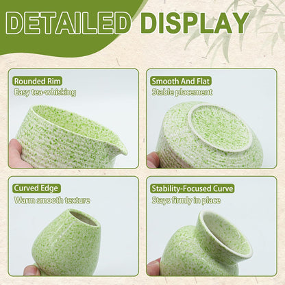 BEWOS 8 Pcs Matcha Whisk Set - 18OZ Ceramic Bowl with Spout, Matcha Sifter, Matcha Whisk Holder & Bamboo Matcha Whisk | Matcha Scoop, Complete Japanese Tea Ceremony Kit for Matcha Lover(Mottled Green)
