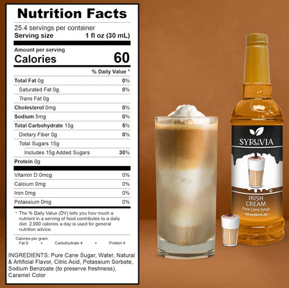 Syruvia Irish Cream Syrup for Coffee - 25.4 fl oz. Kosher and Gluten-Free. Perfect for Enhancing Drinks, Sodas, Shakes, Desserts, and More.
