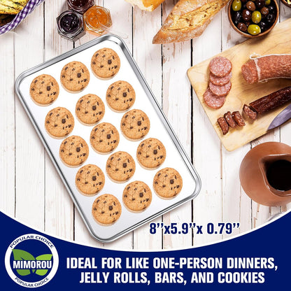 Mimorou 12 Pcs Baking Sheet Stainless Steel Cookie Sheet Small Metal Pans Professional Rectangle Oven Trays Kitchen Baking Cooking Oven and Toaster, Dishwasher Safe(8 x 5.9 Inches)