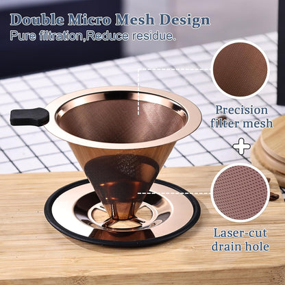 Small Size Pour Over Coffee Dripper, Stainless Steel Metal Cone Drip Coffee Filter, Paperless and Permanently Reusable, Double Mesh Coffee,TeaFilter for 1-2 Cups