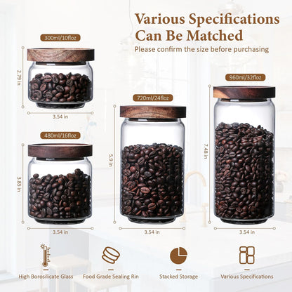 960ML/32Oz Clear Cute Glass Storage Canister Holder with Stackable Airtight Wood Lid, Modern Decorative Container Jar for Coffee, Spice, Candy, Salt, Cookie, Condiment, Pepper, Sugar