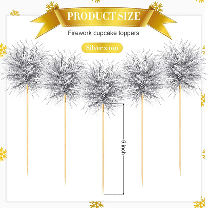Chinco 100 Pcs Foil Firework Cupcake Toppers Sparkle Tinsel Cake Toppers Cake Decoration Cocktail Fruit Toothpick for Birthday Wedding Graduation Party(Silver)