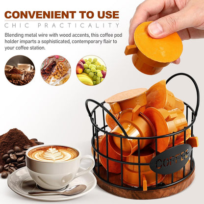Kichvoe Coffee Pod Holder - Black Wire Coffee Capsule Basket with Wooden Base and Handles - Compact Station Organizer for Countertop - Multi-Functional Bar Accessory