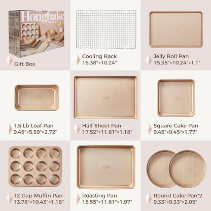 HONGBAKE 9-Piece Baking Pans Set Nonstick, Stackable Non Toxic Bakeware Sets with Diamond Texture, Oven Pan Set for Cooking, Includes Cookie Sheet with Rack, Cake Pan, Roasting Pan, Muffin Tin, Gold