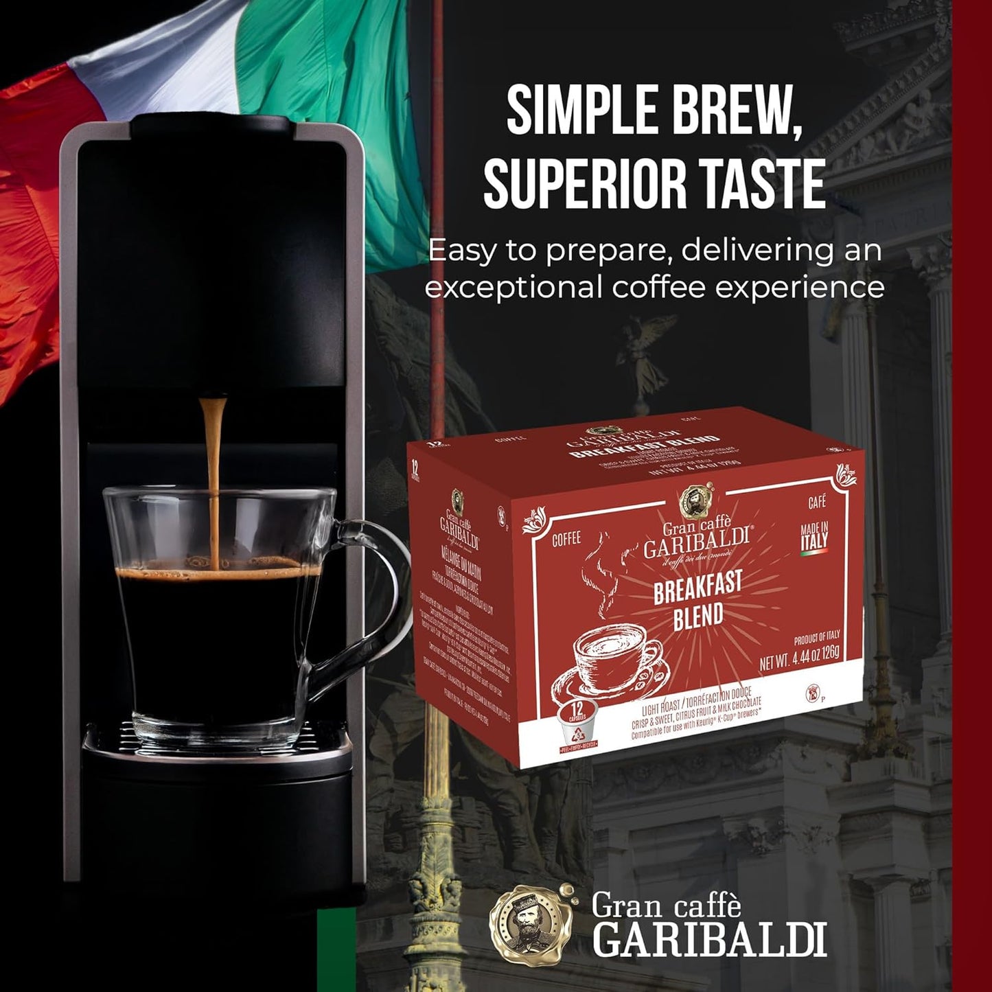 Caffè Garibaldi Colombian Coffee Pods, for Keurig K-Cup Brewers, Single Serve Cups with 100% Arabica Blend for Coffee Makers, 12 Count Recyclable Pods - Medium Roast