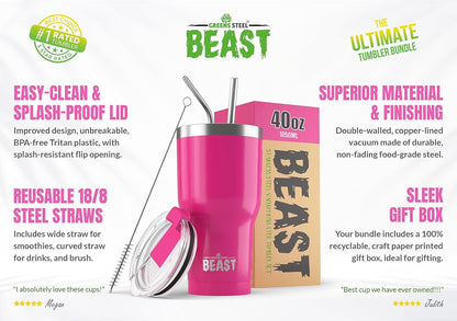 Beast 40 oz Tumbler Stainless Steel Vacuum Insulated Coffee Ice Cup Double Wall Travel Flask (Cupcake Pink)