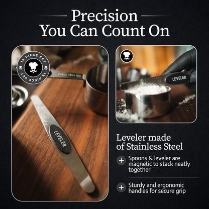 GRUMPY CHEF Stainless Steel Measuring Cups and Spoons Set with Magnetic Leveler – 13-Piece Nesting Set, Dual-Sided Magnetic Spoons, Flat Bottom Design for Stability – Rust-Resistant, Dishwasher Safe