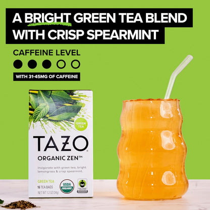 TAZO Organic Zen Green Tea, Caffeinated Tea with Refreshing Lemongrass & Spearmint, 16 Total Bags