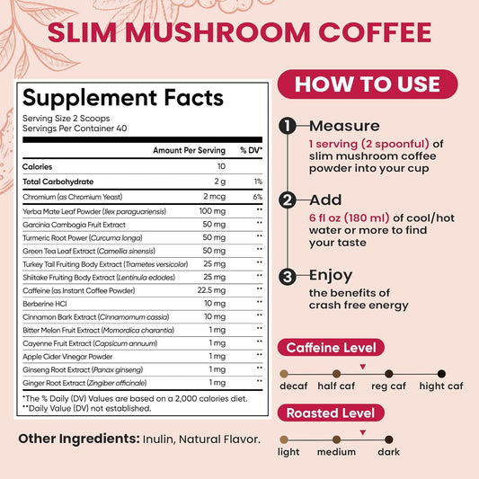 Venture Pal Slim Mushroom Coffee for Weight Loss, Instant Coffee with Berberine, Cinnamon, Yerba Mate, Turmeric, & More, 1800mg(10:1) Extract for Diet Support & Metabolism Boost - 40 Servings