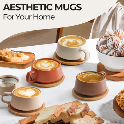 MIAMIO – 11 Oz., Set of 4 Ceramic Tea Cup and Saucer Bamboo/Tea Mug - Wide Cappuccino Cup, Coffee Cups Ceramic Mug for Cappuccino, Latte, Espresso & Americano - Luxe Collection (Beige Pastel)