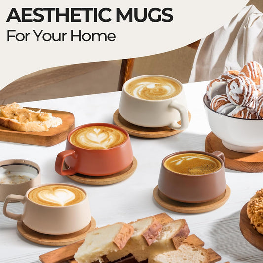 MIAMIO – 11 Oz., Set of 4 Ceramic Tea Cup and Saucer Bamboo/Tea Mug - Wide Cappuccino Cup, Coffee Cups Ceramic Mug for Cappuccino, Latte, Espresso & Americano - Luxe Collection (Beige Pastel)