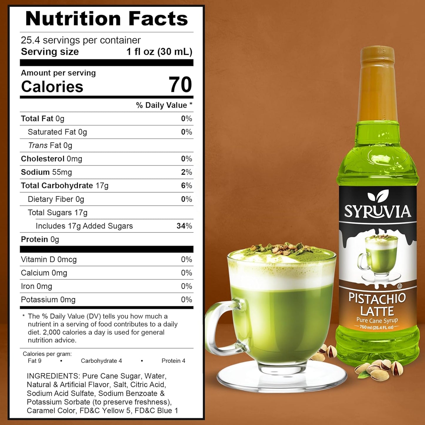 Syruvia Pistachio Latte Syrup for Coffee 25.4 fl oz - Kosher, Gluten-Free, Ideal for Elevating Your Culinary and Beverage Adventures