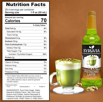Syruvia Pistachio Latte Syrup for Coffee 25.4 fl oz - Kosher, Gluten-Free, Ideal for Elevating Your Culinary and Beverage Adventures