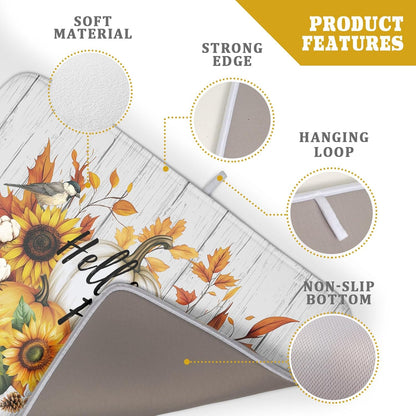 Hello Fall Sunflowers Dish Drying Mat for Kitchen Counter,Autumn Pumpkin Maple Leaves Drying Mat 18 x 24 Inch with High Absorbent Microfiber Dish Drying Drainer Mat for Coffee Bar