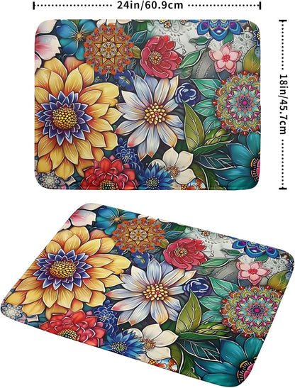 Boho Floral Dish Drying Mat for Kitchen Counter 18x24 Inch Super Absorbent Microfiber Kitchen Drying Mat Bohemian Flower Dish Drainer Rack Mat Reusable Washable Dish Drying Pad for Kitchen Coffee Bar