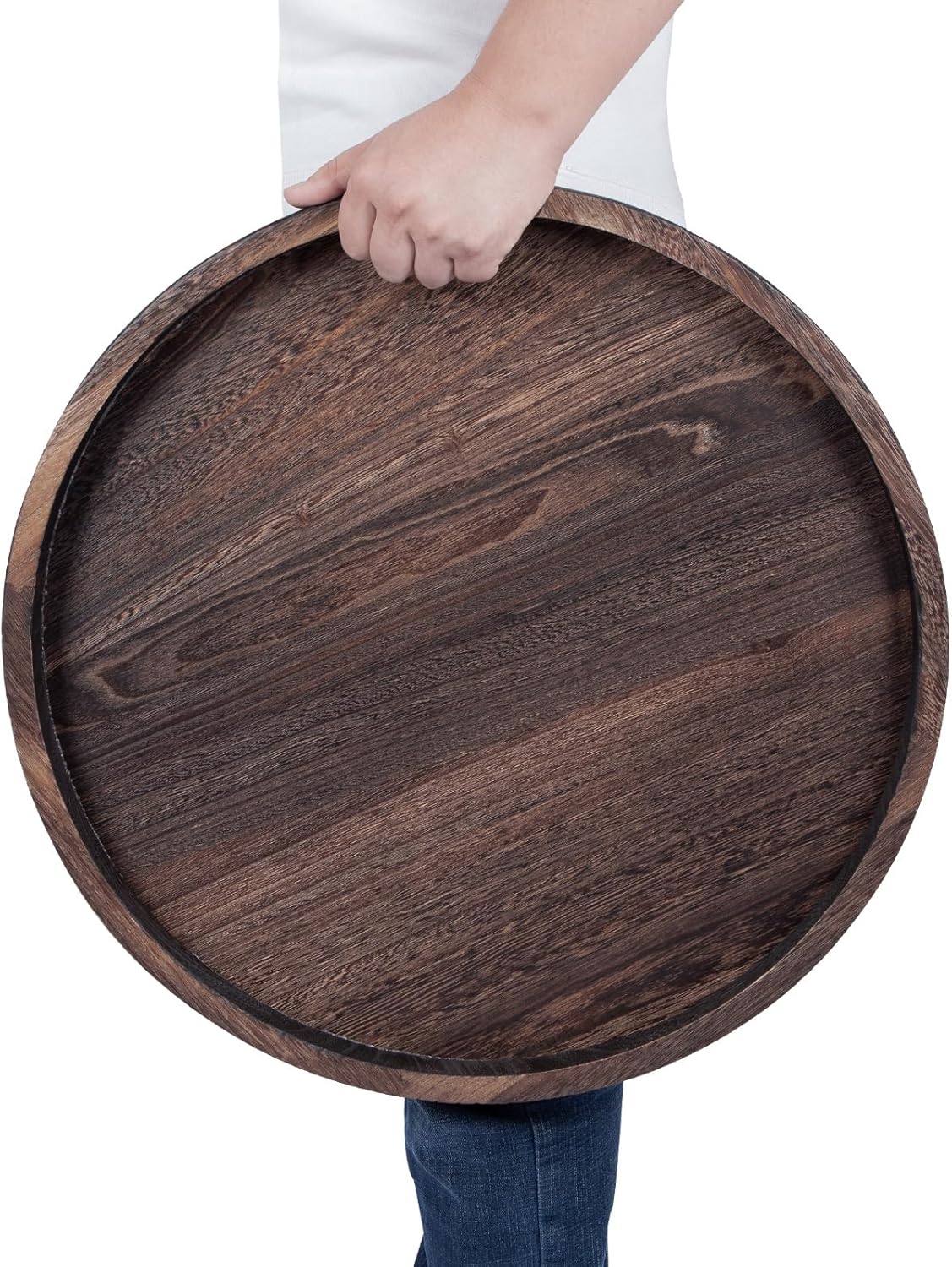 Round Ottoman Tray for Coffee Table Living Room Wood Serving Tray Large Wooden 20 Inches Rustic Brown