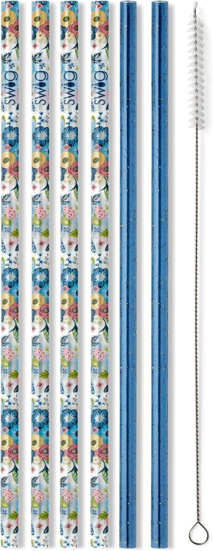 Swig Life Reusable Straws Bella Rosa + Navy Glitter Tall Straw Set & Cleaning Brush, Each Straw is 10.25 inch Long (Fits Swig Life 20oz Tumblers, 22oz, and 32oz Tumblers)
