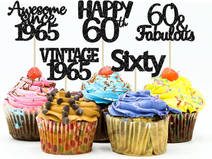 Gyufise 30Pcs 60th Birthday Cupcake Toppers Vintage 1965 Cake Decorations Cheers to 60 Fabulous Sixty Cupcake Picks 60th Birthday Wedding Anniversary Party Cake Decorations Supplies Black