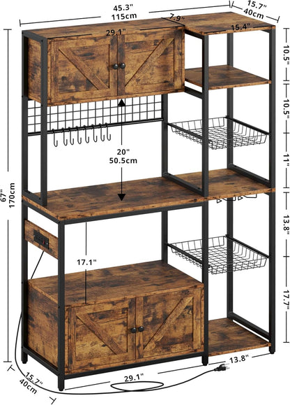 IRONCK Bakers Rack with 2 Storage Cabinets and Power Outlet, 45.3 Inch Industrial Coffee Bar Cabinet Shelves, Kitchen Microwave Stand with Storage, Vintage Brown
