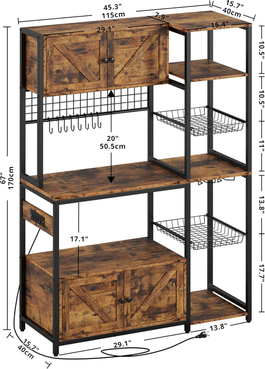 IRONCK Bakers Rack with 2 Storage Cabinets and Power Outlet, 45.3 Inch Industrial Coffee Bar Cabinet Shelves, Kitchen Microwave Stand with Storage, Vintage Brown